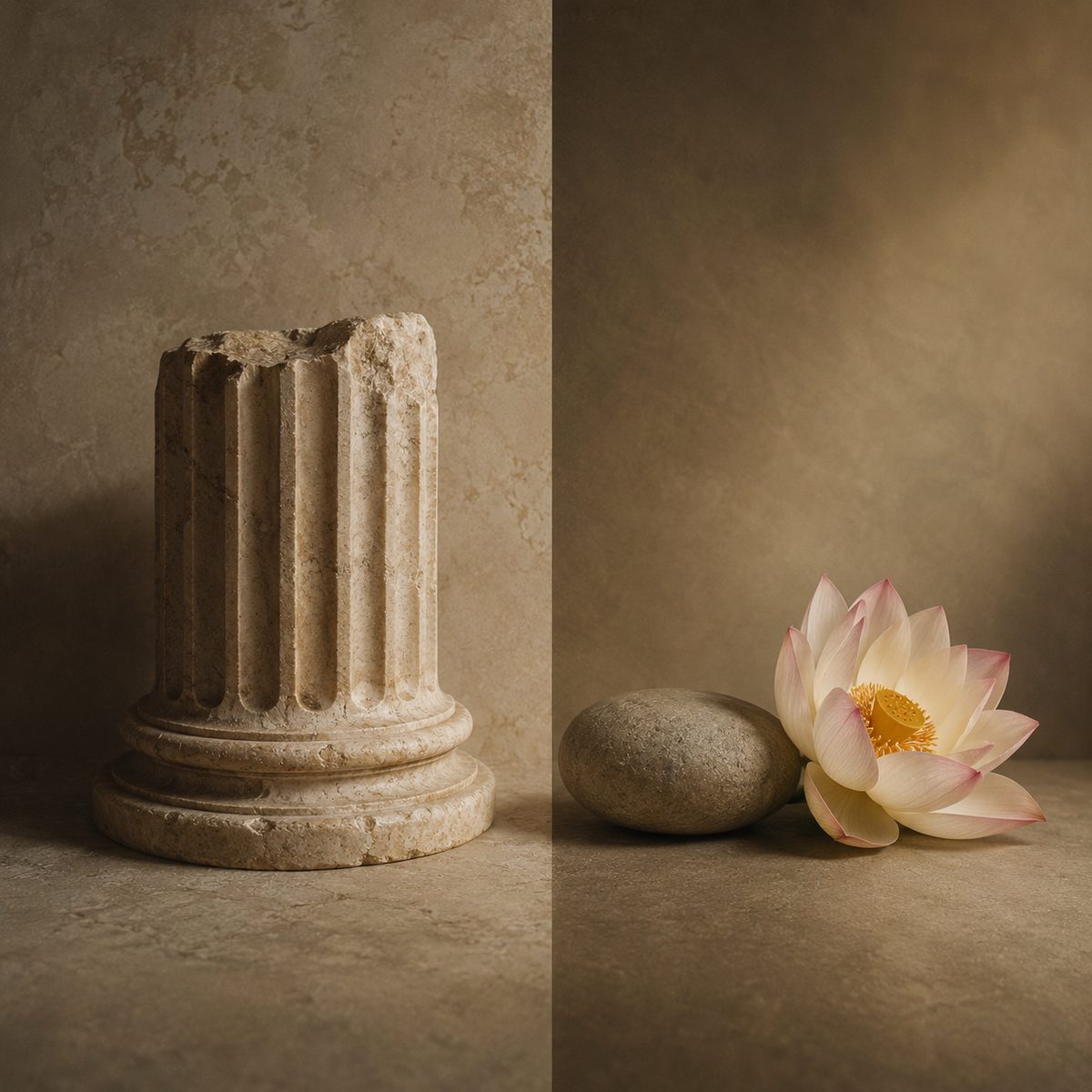 A Greek marble column fragment beside a smooth stone and a lotus flower on a neutral surface