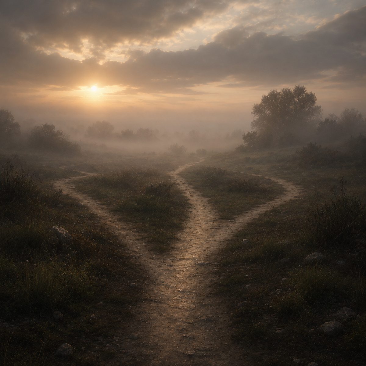 Two footpaths converging into one in a misty landscape at dawn