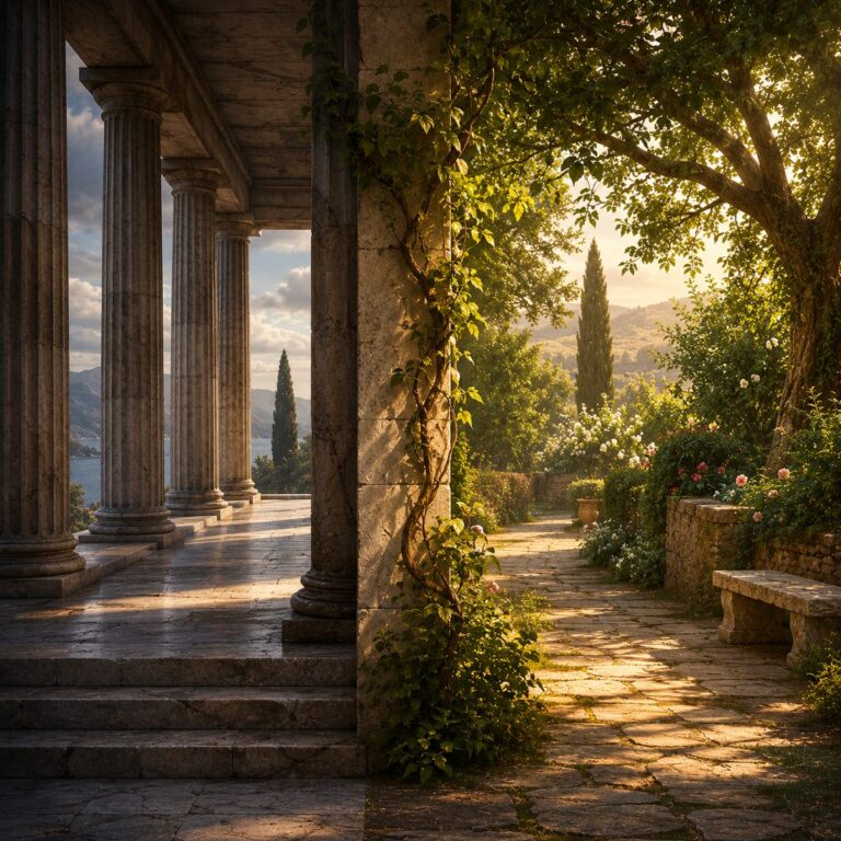 A Greek stone colonnade on one side and a lush green garden on the other