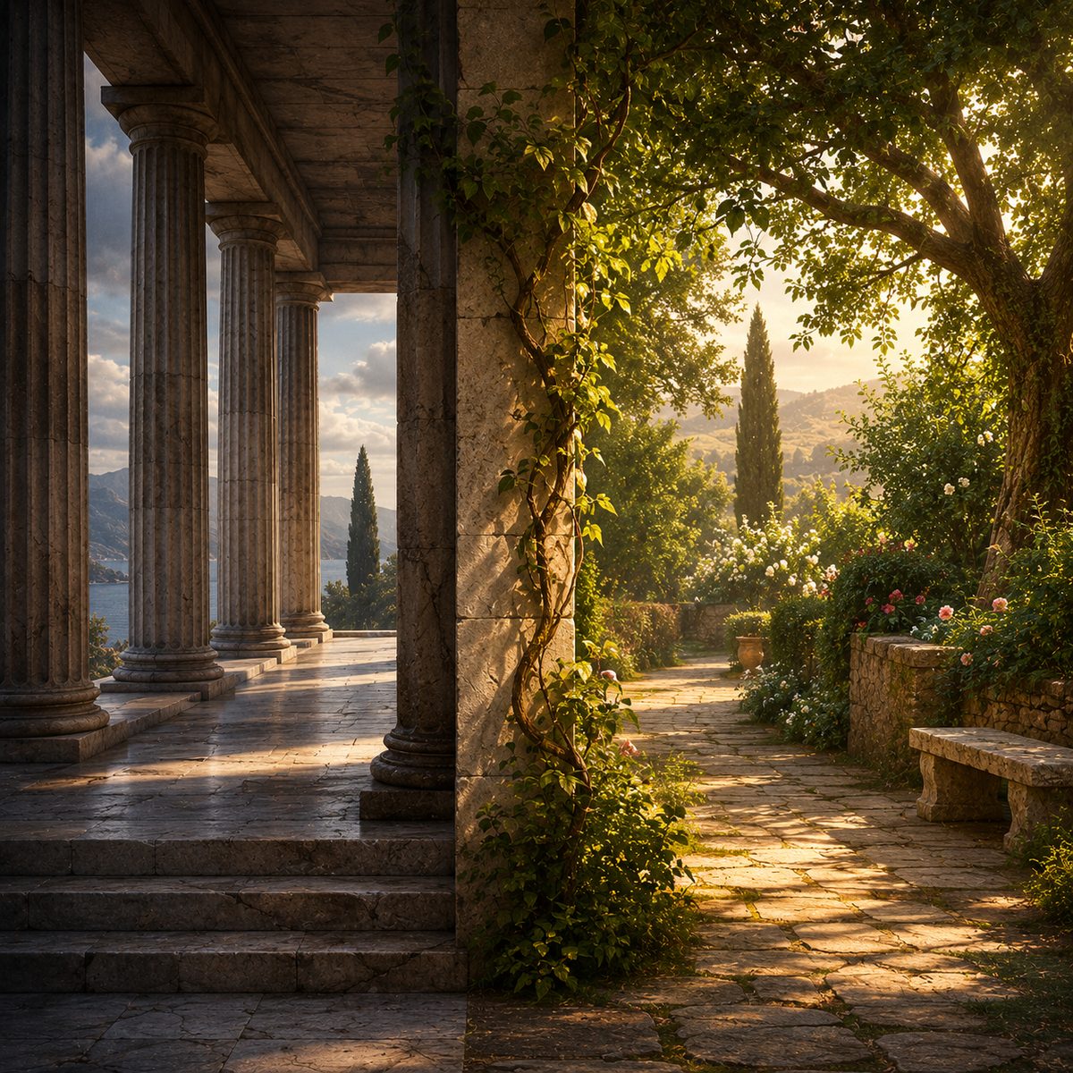 A Greek stone colonnade on one side and a lush green garden on the other