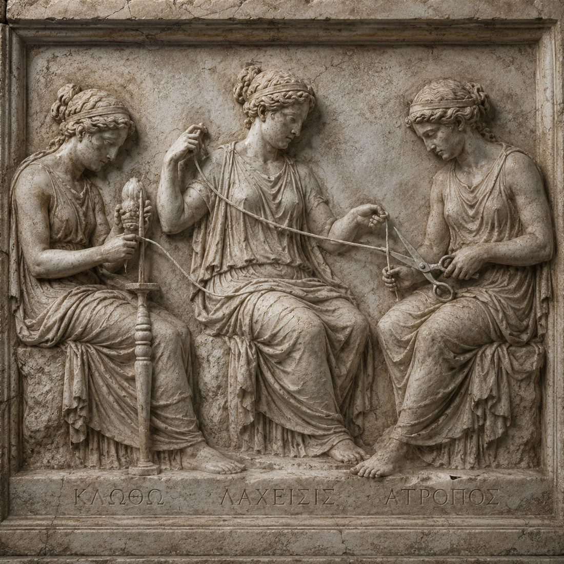 Ancient marble relief of the three Fates — Klotho, Lachesis, and Atropos — spinning, measuring, and cutting the thread of destiny.