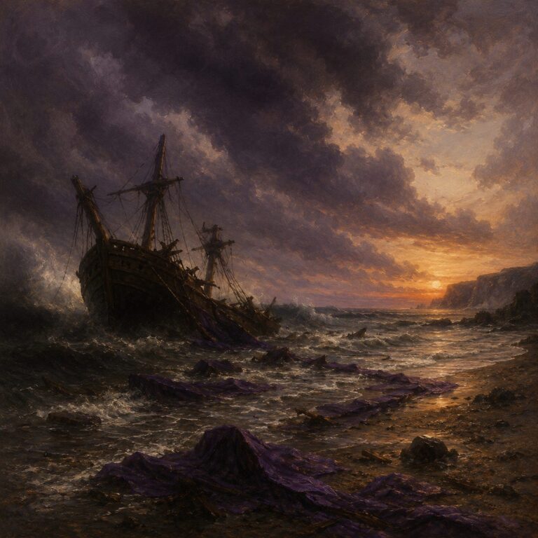 A merchant ship breaking apart in a storm at dusk with purple cloth washing ashore